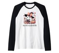 Fall Into a Good Book Cute Ghost Reading Lovers Books Coffee Manche Raglan
