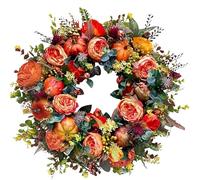Fall Peony and Pumpkin Wreath for Front Door Decor, Farmhouse Fall Wreaths, Harvest Autumn Outdoor Wreath for Home, Halloween & Thanksgiving (40 cm)