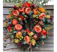Fall Peony and Pumpkin Wreath - Year Round Wreath, Handmade Autumn Pumpkin Wreaths for Front Door, Maple Leaf and Berry Decoration for Halloween Thanksgiving Decor (45cm * 45cm (17.7in * 17.7in))