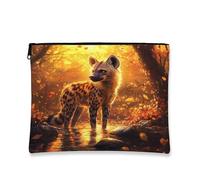 Fall Wild Trousse de maquillage à rayures Hyène sauvage, scène de feuille de forêt d'automne pour femmes et filles, petite trousse de toilette portable en toile avec fermeture éclair, 17,8 x 22,9 cm