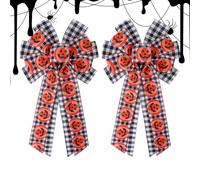 Fall Wreath Bow - 2 Pieces Linen Fall Plaid Orange Pumpkin Decoration | Fall Bows Decor for Front Porch Fence Living Room Wall Yard Gate Party Holidays