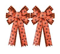 Fall Wreath Bow - 2 Pieces Linen Fall Plaid Orange Pumpkin Decoration | Fall Bows Decor for Front Porch Fence Living Room Wall Yard Gate Party Holidays