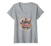 Falling for Speech Therapy - Cadeau sur Le thème de l'automne T-Shirt avec Col en V, Femme, Gris Chiné, M