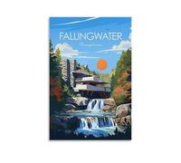 Fallingwater House in Mill Run Pennsylvania Superbe affiche de voyage illustrée - Cadeau de voyage parfait pour les fans d'architecture - Toile - Décoration de chambre à coucher, bureau, chambre -