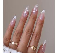 False Nails French Heart Press on Nails Valentine's Day Pink Short Fake Nails Ballerina Acrylic Stick on Nails 24pcs for Women and Girls