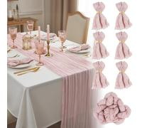 FALSKT Chemin de Table Rose 300 x 90cm Chemin de Table en Gaze Boho Chemin de Table Tissu Pink Table Runner Decoration Table de Cuisine Vacances Mariage Fête,6 Serviettes de Table avec Anneaux