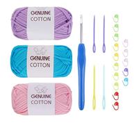 FALSKT Lot de 3 pelotes de fil à crochet facile pour débutants - 50 g - Fil épais pour crochet en coton amigurumi - Laine épaisse pour tricot et travaux manuels - Aiguilles en plastique et marqueurs