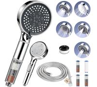 FALSKT Pommeau de Douche Anti Calcaire Douchette Douche avec 5 Modes | Pomme de Douche avec Tuyau 2M Poire de Douche avec Bouton Arrêt Economie d'eau Haute Pression,Total 4 Filtre