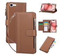 FALUWONRU Pochette de Étui Portefeuille pour iPhone 6/7/8/SE 2020/SE 2022,Coque Housse Protection en Cuir PU avec Emplacements Cartes,Fermeture Magnétique,Poche à Fermeture éclair et Béquille - Marron