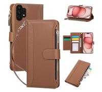 FALUWONRU Pochette de Étui Portefeuille pour Samsung Galaxy A13 4G/5G/A04s,Coque Housse Protection en Cuir PU avec Emplacements Cartes,Magnétique,Poche à Fermeture éclair et Béquille - Marron