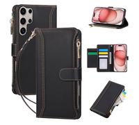 FALUWONRU Pochette de Étui Portefeuille pour Samsung Galaxy S24 Ultra 5G,Coque Housse Protection en Cuir PU avec 5 Emplacements Cartes,Magnétique,Poche à Fermeture éclair et Béquille - Noir