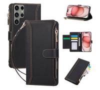FALUWONRU Pochette de Étui Portefeuille pour Samsung Galaxy S25 Ultra 5G,Coque Housse Protection en Cuir PU avec 5 Emplacements Cartes,Magnétique,Poche à Fermeture éclair et Béquille - Noir