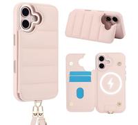 FALUWONRU pour iPhone 16 Coque Crossbody Cordon de qualité avec bandoulière et Sangle de Poignet réglables Premium Housse en Cuir Pochette de Portefeuille Rabat pour Les Femmes,Rose Clair