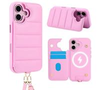 FALUWONRU pour iPhone 16 Coque Crossbody Cordon de qualité avec bandoulière et Sangle de Poignet réglables Premium Housse en Cuir Pochette de Portefeuille Rabat pour Les Femmes,Rose