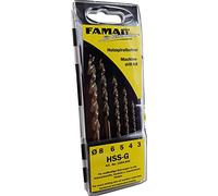 Famag Forets hélicoïdaux 1594835 HSS‑G pour bois Ø 3,4,5,6,8 mm – Lot de 5, boîte plastique grise