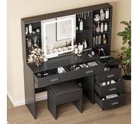 Fameill Coiffeuse avec miroir et lumières, 5 tiroirs, bureau de maquillage avec station de charge et grand espace de rangement, coiffeuse avec chaise pour chambre à coucher (noir)