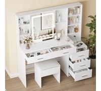 Fameill Table à langer avec miroir et lumières, table à langer avec 5 tiroirs, ordinateur de maquillage avec station de charge et grand rangement, table à langer avec chaise pour chambre