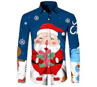 famesale Chemise de Noël pour Hommes à Manches Longues imprimée Père Noël Chemise habillée à Boutons Haut Festif pour fête de Vacances