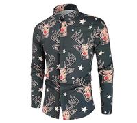 famesale Chemise de Noël pour Hommes à Manches Longues, Moche et drôle, imprimée avec Chat et Père Noël, Chemise habillée Originale de Style hawaïen à Boutons