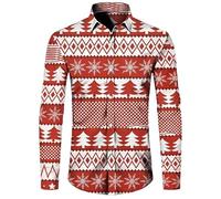 famesale Chemise de Noël pour Hommes à Manches Longues, Moche et drôle, imprimée avec Chat et Père Noël, Chemise habillée Originale de Style hawaïen à Boutons
