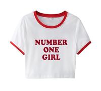 famesale Femmes Filles Y2K Crop Tops -Number One Girl Lettre Imprimé T-Shirt Court O-Neck Tshirts à Manches Courtes