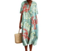 famesale Femmes Poisson Océan Homards Rouges Imprimé Floral Flowy Maxi Robes Col V Manches Courtes Boho Robe Casual Loose Beach Dress