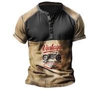 famesale Hommes Lettre Imprimée Manches Courtes Henley Chemise Vintage Graphic Button Tops Biker Moto T-Shirts
