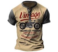 famesale Hommes Lettre Imprimée Manches Courtes Henley Chemise Vintage Graphic Button Tops Biker Moto T-Shirts
