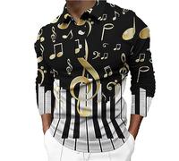 famesale Notes de Musique pour Hommes T-Shirt imprimé en 3D Polo Casual Manches Longues Revers Cou Tshirt Bouton Bas Hauts de Golf