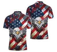 famesale Polos à Manches Courtes imprimés en 3D avec Drapeau américain pour Hommes/Femmes, graphismes Aigle et Loup, col à Boutons, Streetwear, Hauts Pull-Over