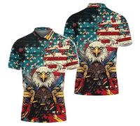 famesale Polos à Manches Courtes imprimés en 3D avec Drapeau américain pour Hommes/Femmes, graphismes Aigle et Loup, col à Boutons, Streetwear, Hauts Pull-Over