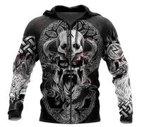 famesale Raven Odin Tattoo Helm of Awe Runes Sweat à Capuche zippé pour Homme imprimé en 3D Mode Automne Streetwear Unisexe Casual Sweats à Capuche zippés