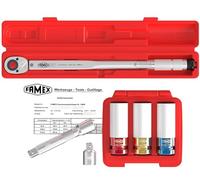 Famex 10886-3N-KS Clé dynamométrique 12,5 mm 30-210 Nm avec certificat d'étalonnage - Set économique avec embouts spéciaux pour boulons de roue
