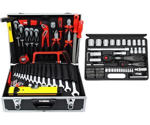 Famex 744-47 Mallette à outils remplie avec jeu d'outils de qualité supérieure et jeu de clés à douilles, kit d'outils en acier CV robuste