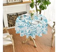 FamHarbor Motif Arabesque Bleu-Vert Nappe Ronde Anti Tache et Imperméable, Nappe Table Ronde Botanique, Nappes Polyester Style Vintage 200x200cm, Résistante et Lavable -AAk1
