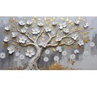 FamHarbor Papier Peint Panoramique Fleurs Blanches 250cm x 175cm Feuilles Dorées Intissé Wallpaper Chambre Bureau Décor Motif Personnalisé Décoration Murale Gris -Ad40
