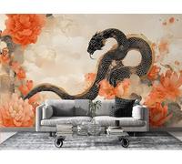 FamHarbor Papier Peint Panoramique Style Japonais 250cm x 175cm Serpent Intissé Wallpaper Chambre Bureau Décor Motif Personnalisé Décoration Murale Beige,Noir -Ab28