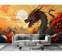 FamHarbor Papier Peint Panoramique Style Japonais 300cm x 210cm Dragon Intissé Wallpaper Chambre Bureau Décor Motif Personnalisé Décoration Murale Jaune -Ab29