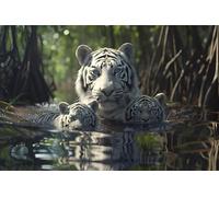 FamHarbor Papier Peint Panoramique Tigre 200cm x 140cm Bassin D’eau Intissé Wallpaper Chambre Bureau Décor Motif Personnalisé Décoration Murale Blanc, Vert -Ad84