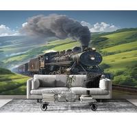 FamHarbor Papier Peint Panoramique Train 350cm x 256cm Plaine Intissé Wallpaper Chambre Bureau Décor Motif Personnalisé Décoration Murale Vert -Ac28