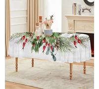 FamHarbor Pigne de Noël Nappe Ovale Anti Taches et Imperméable, Nappe Table Ronde Baie Rouge, Nappes Polyester Feuille de Houx 160x200cm, Résistante et Lavable -AAd33