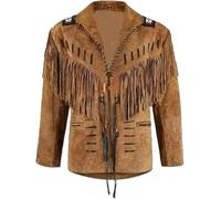 Fami Sports Veste western de cowboy traditionnelle pour homme | Cuir daim amérindien | Style classique avec perles, franges et os, marron, M