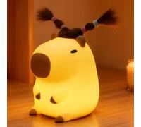 FAMIDUO Veilleuse Capybara avec une perruque, veilleuse enfant en silicone mignonne, intensité réglable/avec minuterie, rechargeable, décoration de chambre d'enfant, cadeau pour garçons et filles