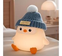 FAMIDUO Veilleuse en silicone en forme de pingouin mignon gris avec chapeau tricoté, veilleuse douce pour chambre d'enfant, rechargeable par USB/intensité variable, lampe de chevet LED fantaisie