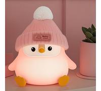 FAMIDUO Veilleuse en silicone en forme de pingouin mignon rose avec chapeau tricoté, veilleuse douce pour chambre d'enfant, rechargeable par USB/intensité variable, lampe de chevet LED fantaisie
