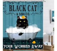 Famiffty Rideau de Douche Amusant Motif Chat 152,4 x 183 cm (l x L) - Rideau de Douche Vintage Bleu Vert Mignon Chaton Noir Bulle rétro Baignoire Accessoires de décoration de Salle de Bain Tissu