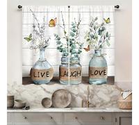 Famiffty Rideaux de Cuisine en Eucalyptus - 70 x 99 cm (l x L) - 2 Panneaux avec Passe-Tringle - Style Rustique botanique Vintage - Motif Feuilles Vertes - Bouteille de Plantes et Papillons -