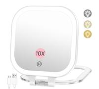 Famihomii Miroir grossissant 1X/10X, miroir de maquillage de voyage rechargeable avec éclairage, miroir cosmétique de 7" avec lumière tricolore et gradation en continu, miroir de voyage double face