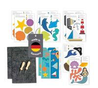 Familienmomente Maxi-Bastel-Set Prickeln Lot de 10 picots, mer (2 coquillages, poissons, bateaux, photophores de mer, 1 pirate, 1 sirène) DIN A5, 2 feutrines, 2 aiguilles à piquer