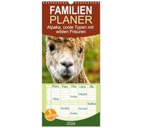 Familienplaner 2026 - Alpaka, coole Typen mit wilden Frisuren mit 5 Spalten (Wandkalender, 21 x 45 cm) CALVENDO: Kuscheltiere auf der Weide